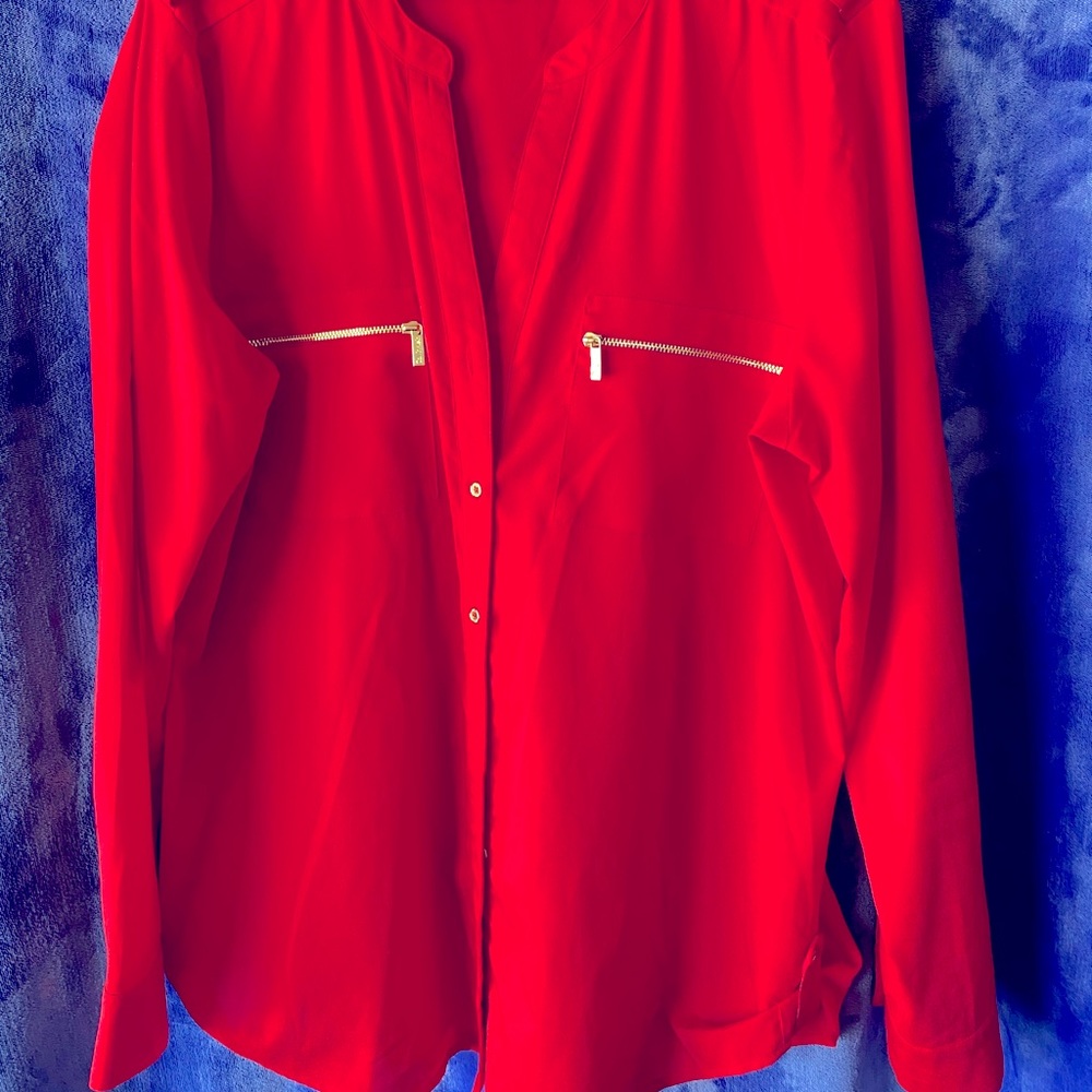 Calvin Klein red longsleeve gold accent Blouse XL